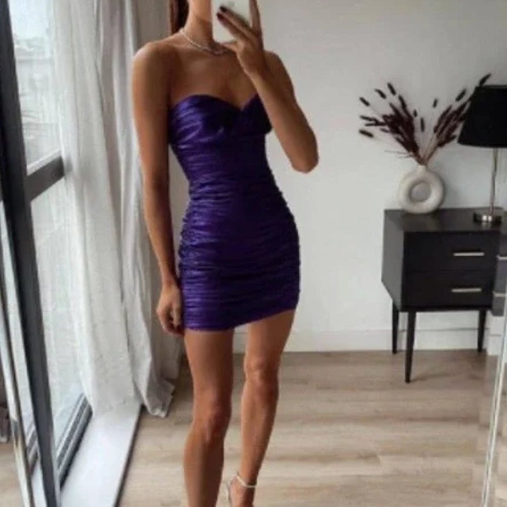 Zara Draped Strapless Purple Mini Dress